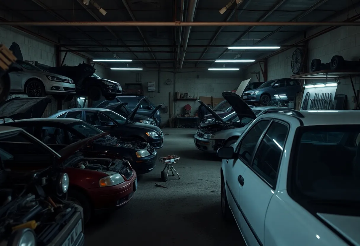 Auto-repair garage with dismantled vehicles