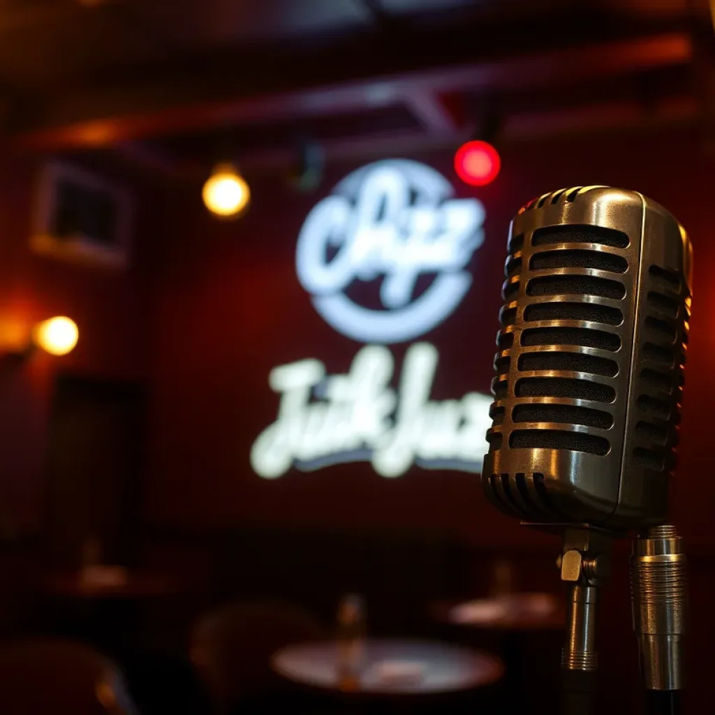 A vintage jazz club setting with a microphone.