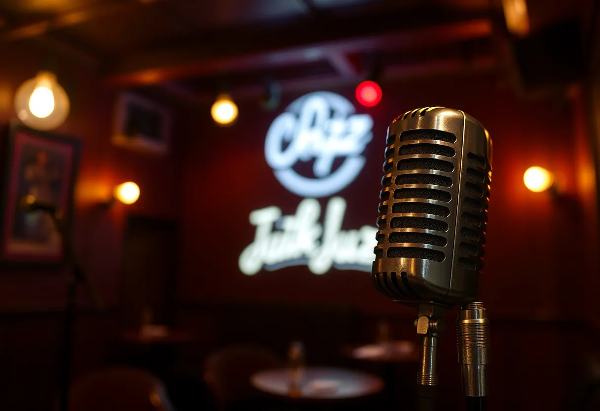 A vintage jazz club setting with a microphone.