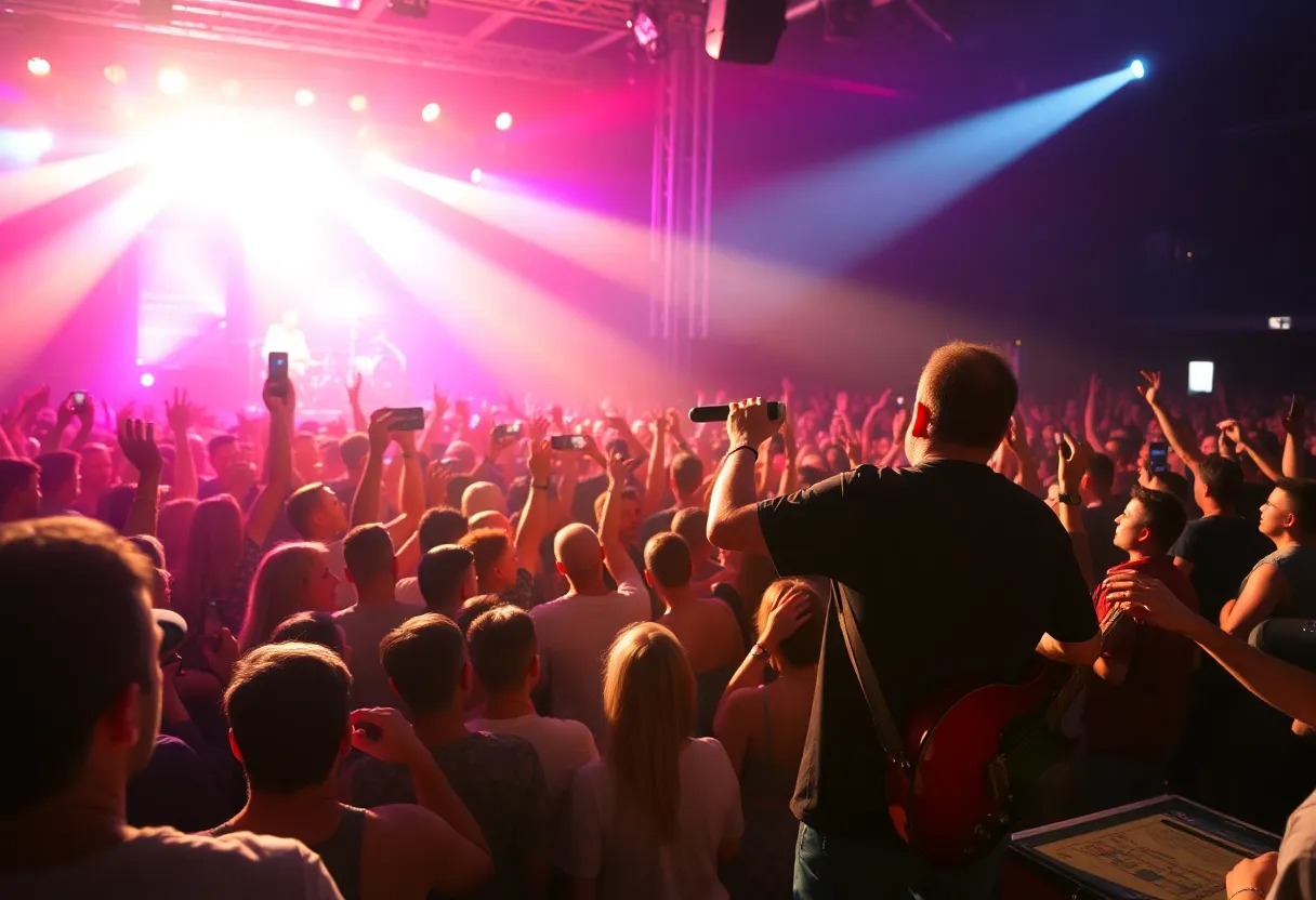 Jonas Brothers performing live in concert with enthusiastic audience