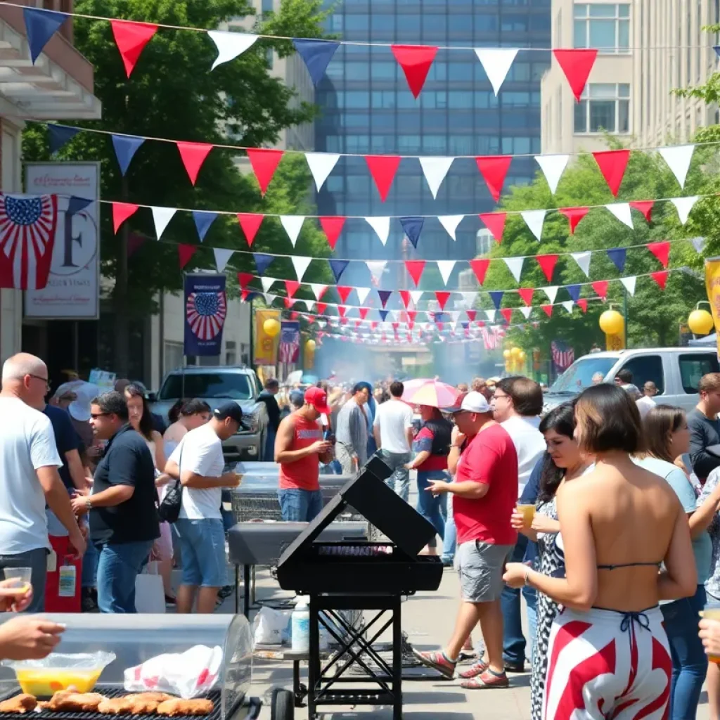 Crowd celebrating Labor Day in Detroit with barbecues and outdoor activities.