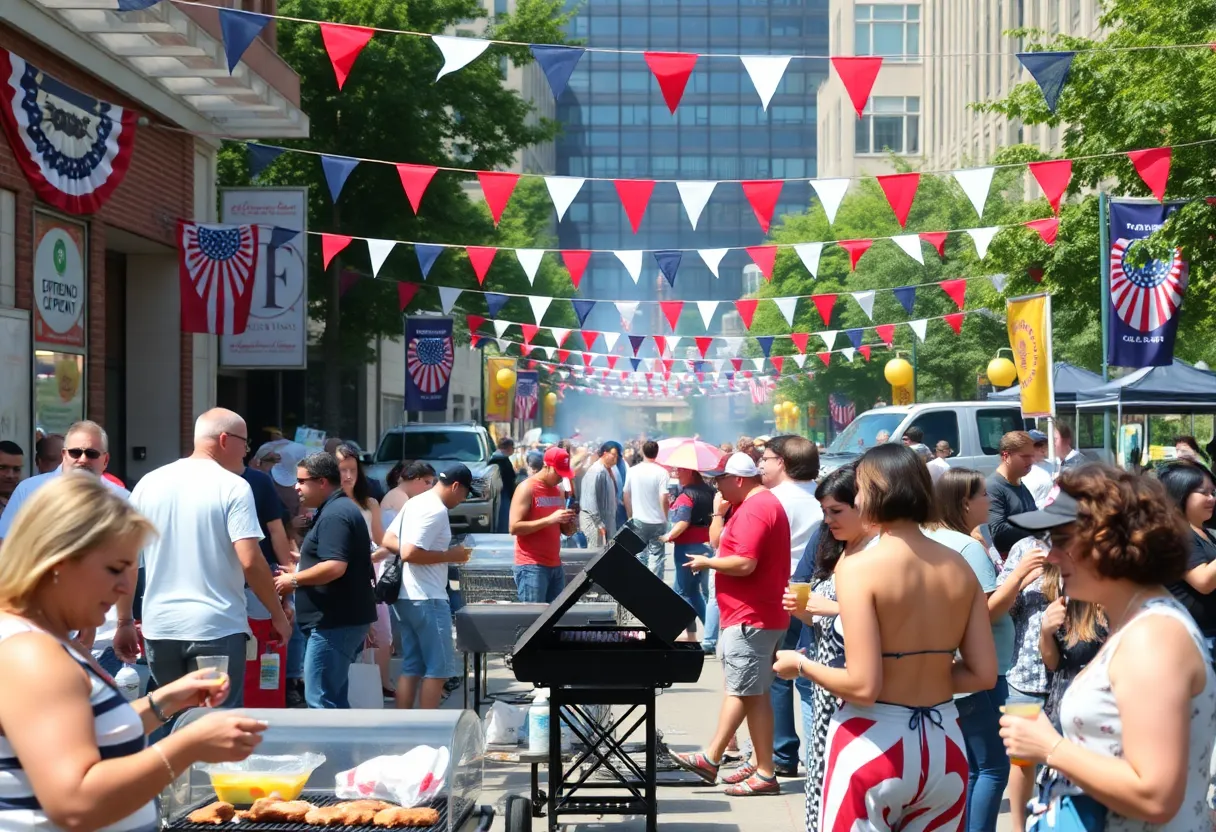 Crowd celebrating Labor Day in Detroit with barbecues and outdoor activities.