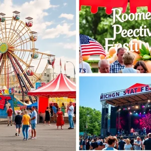 Collage of Labor Day events including the Michigan State Fair and outdoor concerts in Metro Detroit.