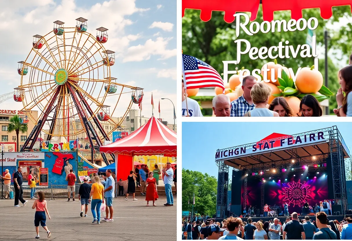 Collage of Labor Day events including the Michigan State Fair and outdoor concerts in Metro Detroit.