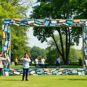 Outdoor art installation at Lake St. Clair Metropark made from repurposed materials promoting recycling.