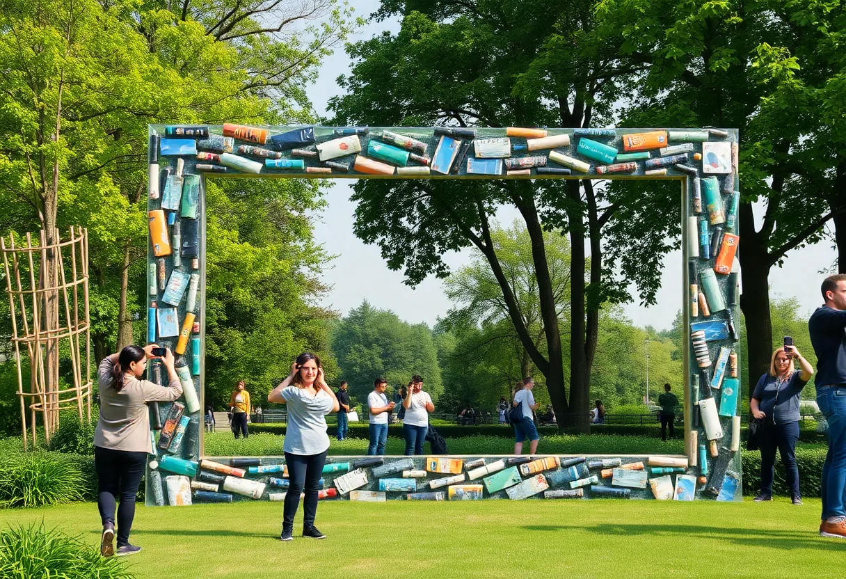 Outdoor art installation at Lake St. Clair Metropark made from repurposed materials promoting recycling.