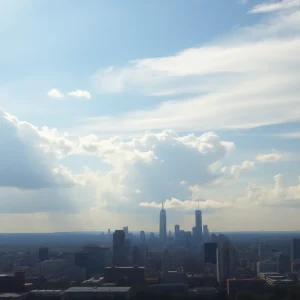 Metro Detroit skyline showing clear skies with some clouds in the distance.
