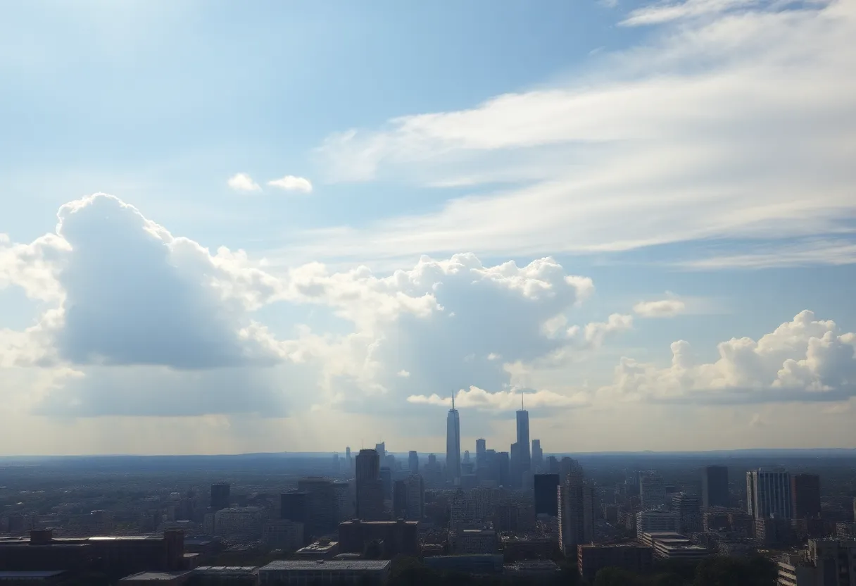 Metro Detroit skyline showing clear skies with some clouds in the distance.