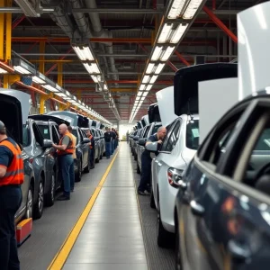 Workers in a Michigan automotive factory amidst production activities
