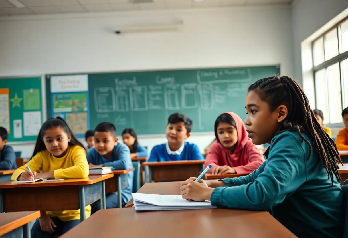 Diverse students in a classroom facing educational challenges in Michigan.