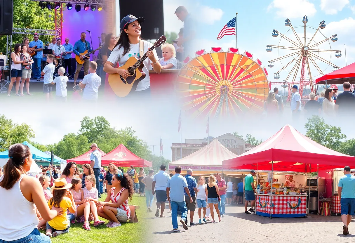 Various activities from Michigan Labor Day festivals including live music and carnival rides.