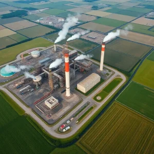 Oil refinery in Michigan surrounded by green fields and signs of environmental impact.