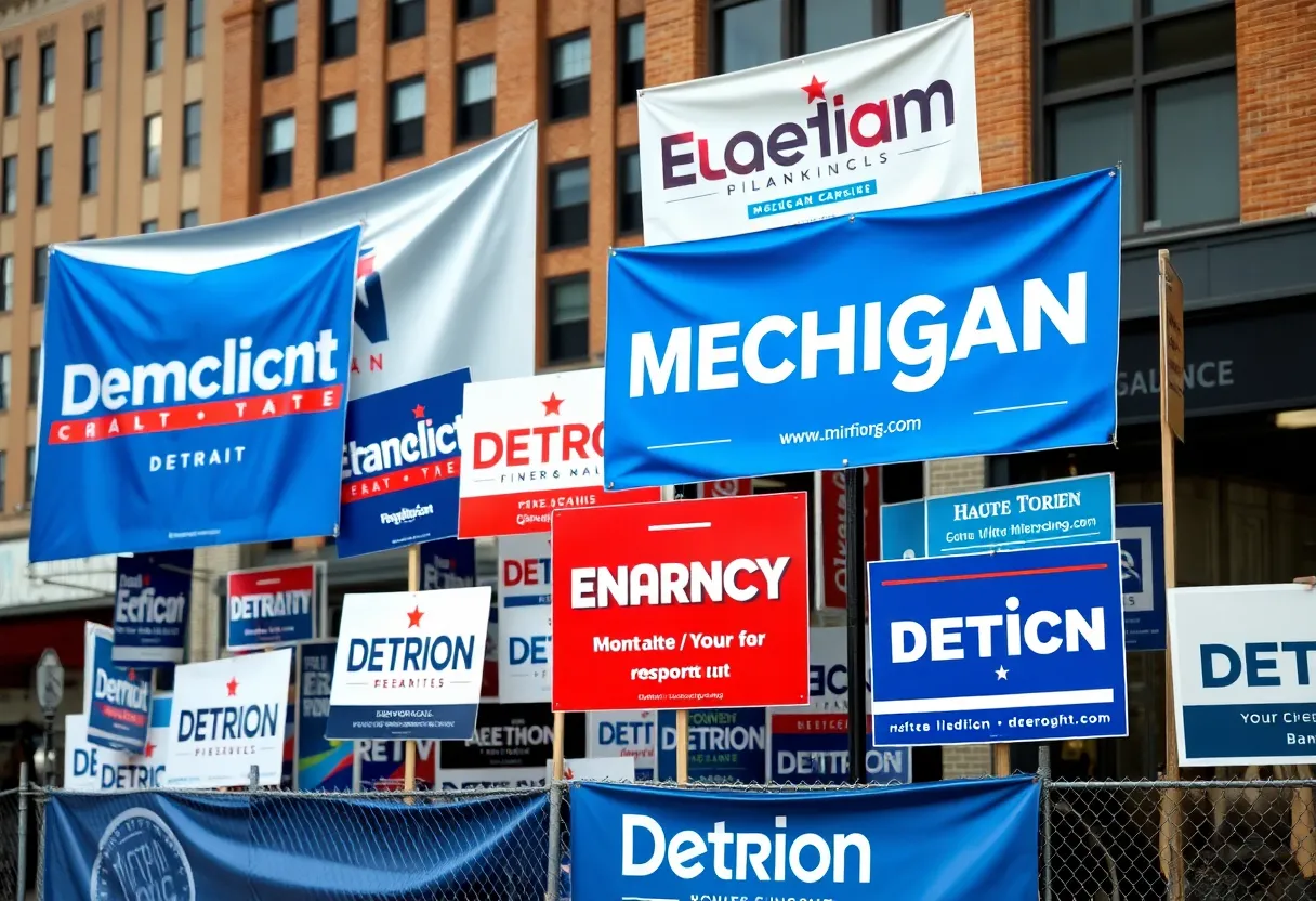 Campaign signs for Michigan Senate candidates in Detroit
