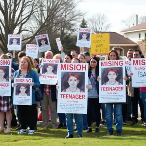 Community members holding signs while searching for a missing teenager.