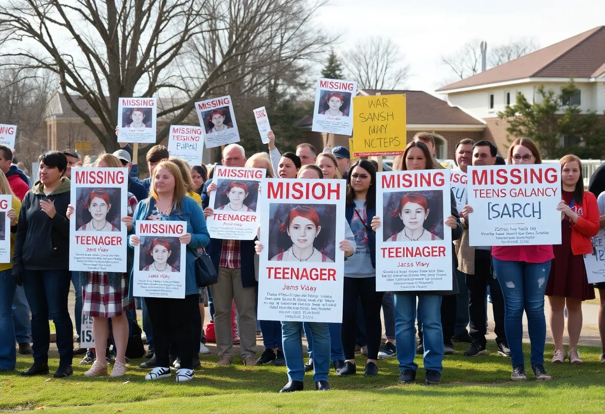 Community members holding signs while searching for a missing teenager.