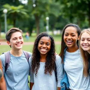 Teenagers reuniting happily in a park