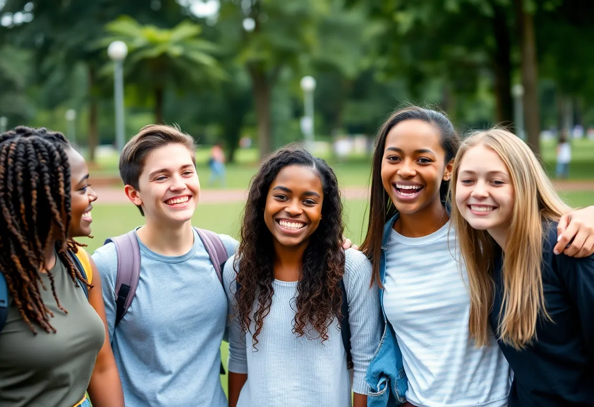 Teenagers reuniting happily in a park