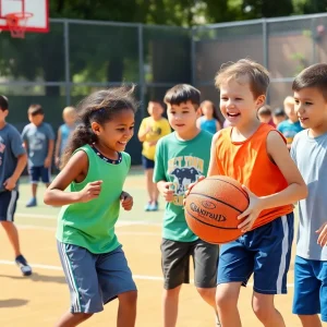 Kids participating in the Motor City Cruise summer basketball camp, showcasing teamwork and joy.