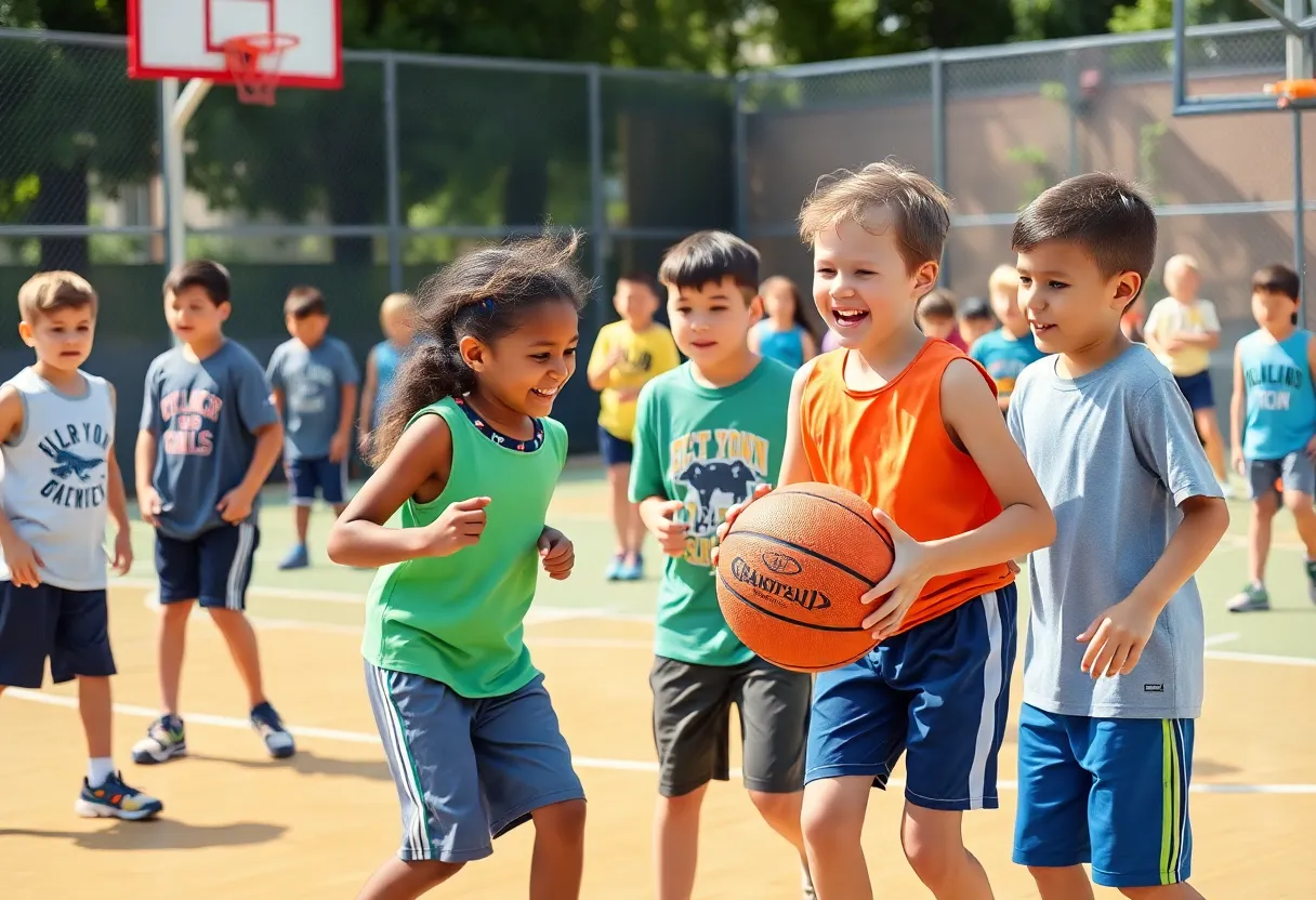 Kids participating in the Motor City Cruise summer basketball camp, showcasing teamwork and joy.