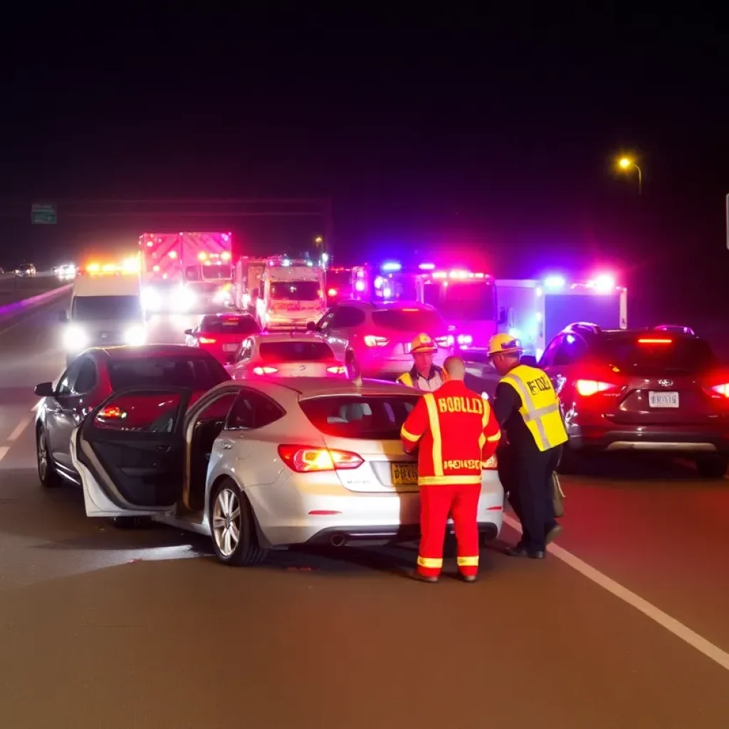 Emergency responders at the scene of a multi-vehicle crash on a freeway.