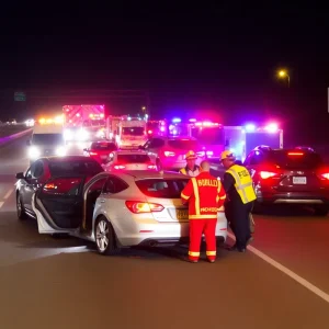 Emergency responders at the scene of a multi-vehicle crash on a freeway.