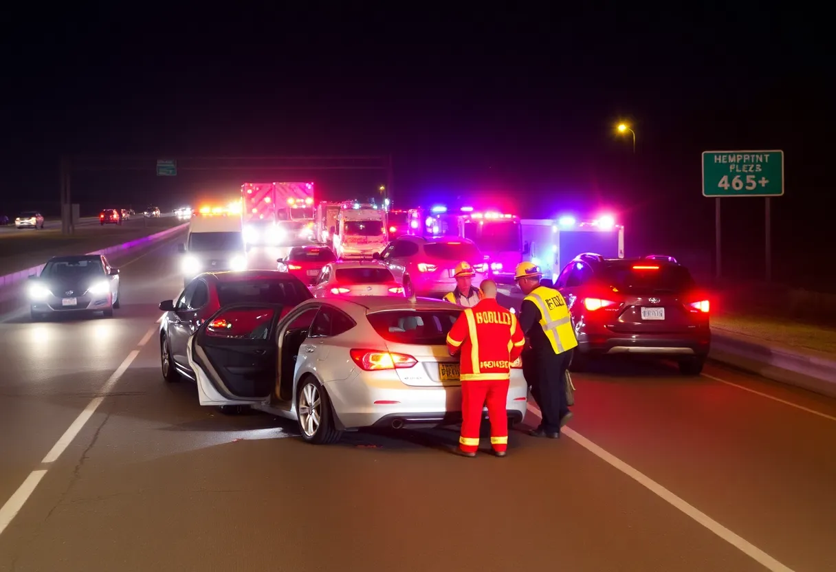 Emergency responders at the scene of a multi-vehicle crash on a freeway.