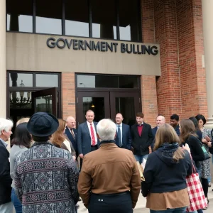 People discussing legislation outside the Oakland County Government Building
