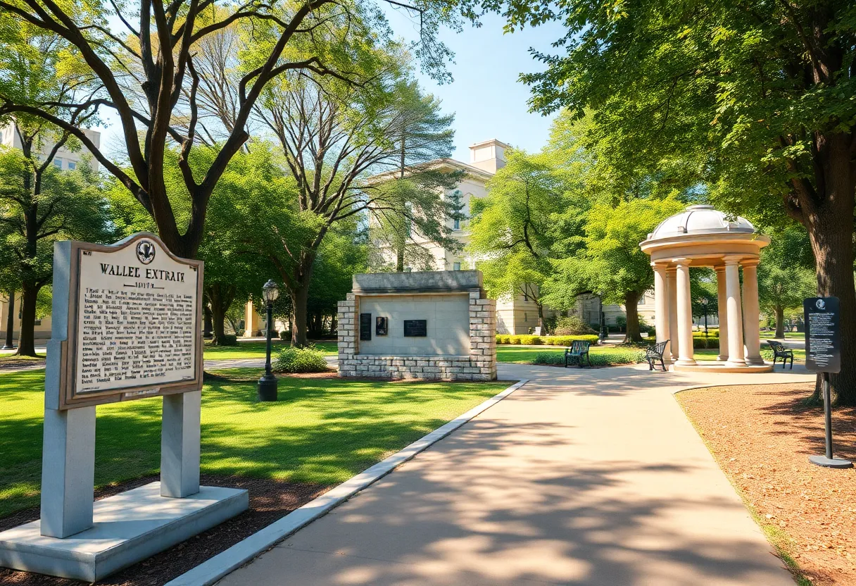 A serene view of the Dr. Ossian Sweet Memorial Park with trees and historical markers.
