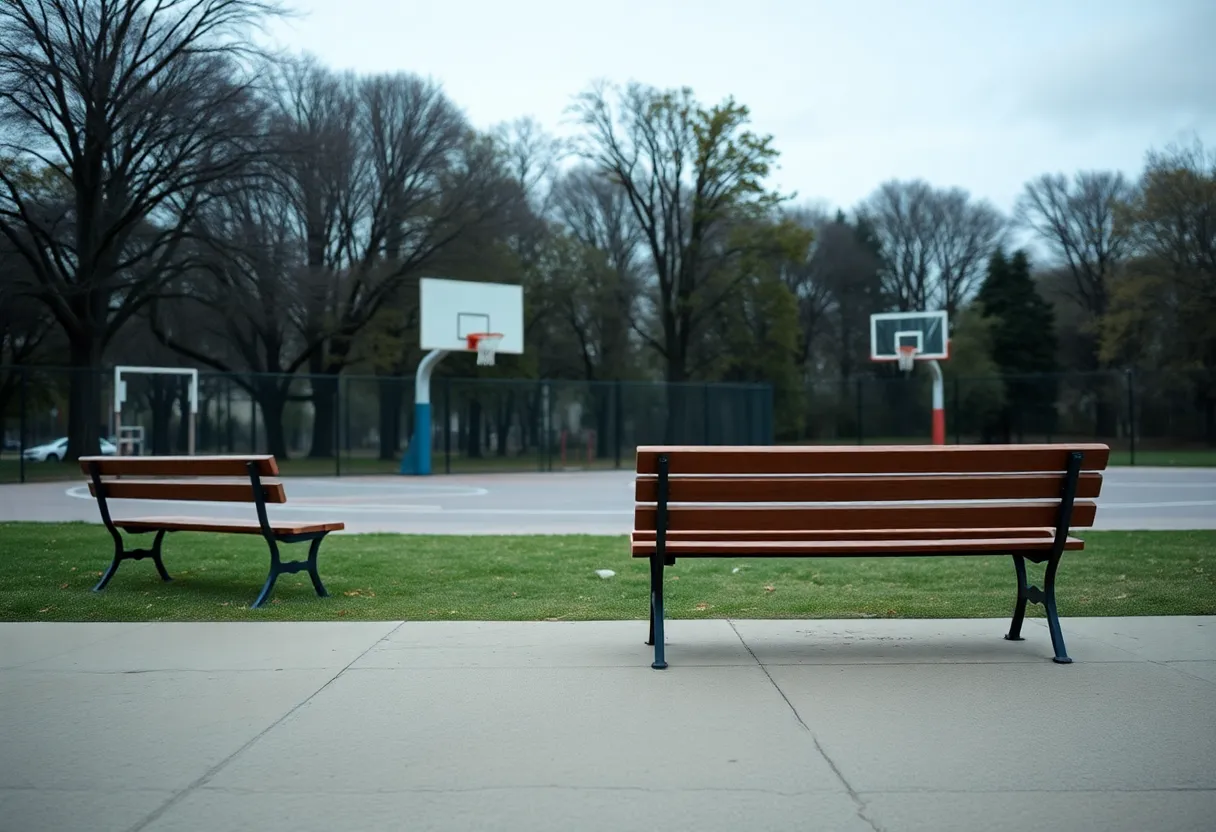 Empty park benches and basketball court symbolizing a tragic incident.
