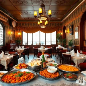 Traditional Lebanese restaurant atmosphere with various dishes