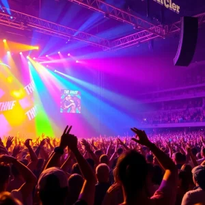 Vibrant concert scene at Little Caesars Arena with excited fans.