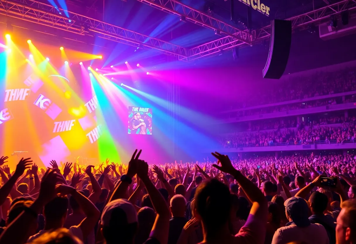 Vibrant concert scene at Little Caesars Arena with excited fans.