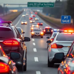 Police cars immobilizing stolen vehicles on a highway