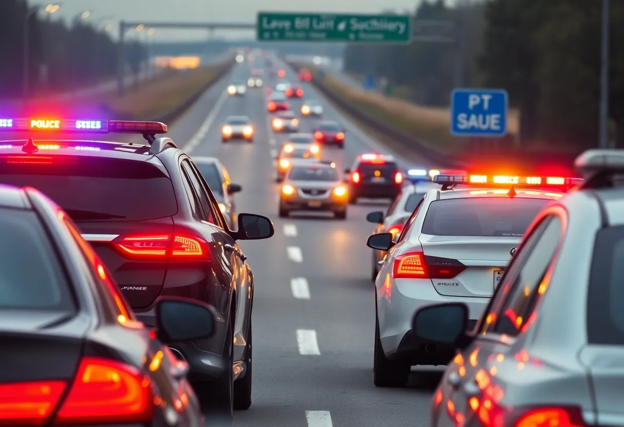 Police cars immobilizing stolen vehicles on a highway