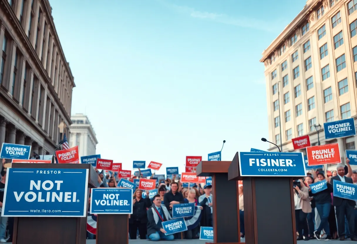 Empty podiums and campaign signs from a political rally