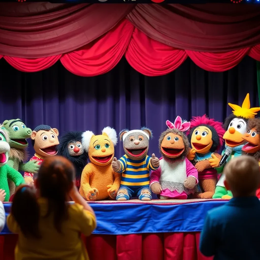 Participants enjoying Puppet Karaoke with various colorful puppets
