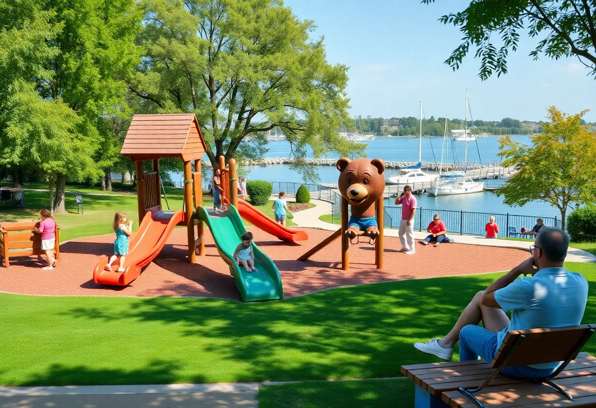 Families enjoying the Ralph C. Wilson Jr. Centennial Park with a Bear Slide in sight.