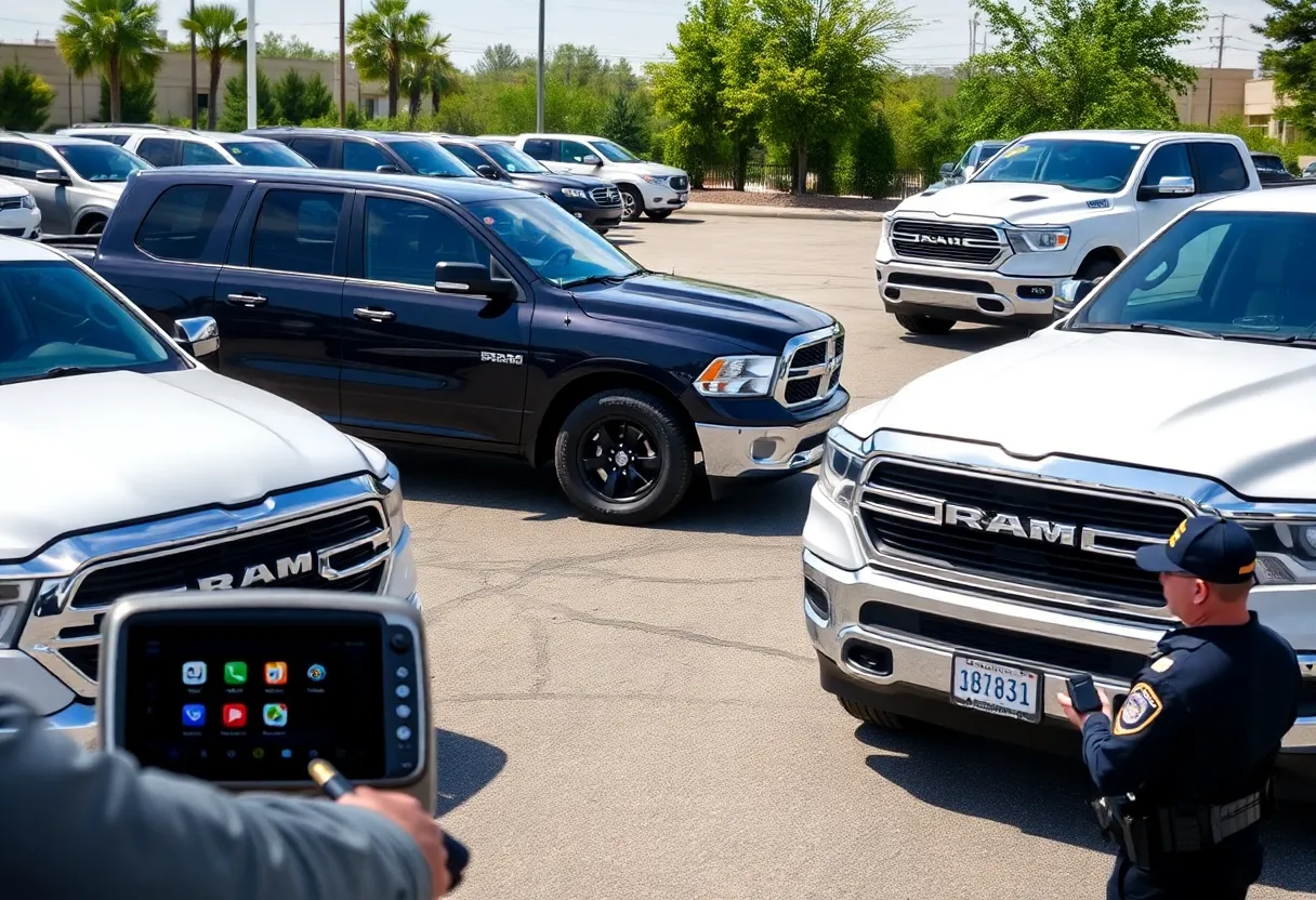 Ram trucks with a police presence in the parking lot