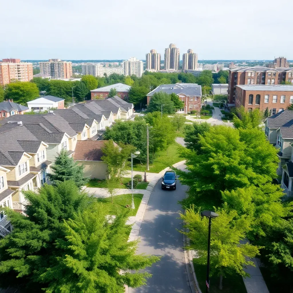 A cityscape view of Royal Oak, Michigan with multifamily housing and green spaces.
