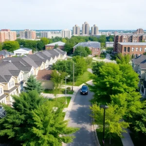 A cityscape view of Royal Oak, Michigan with multifamily housing and green spaces.