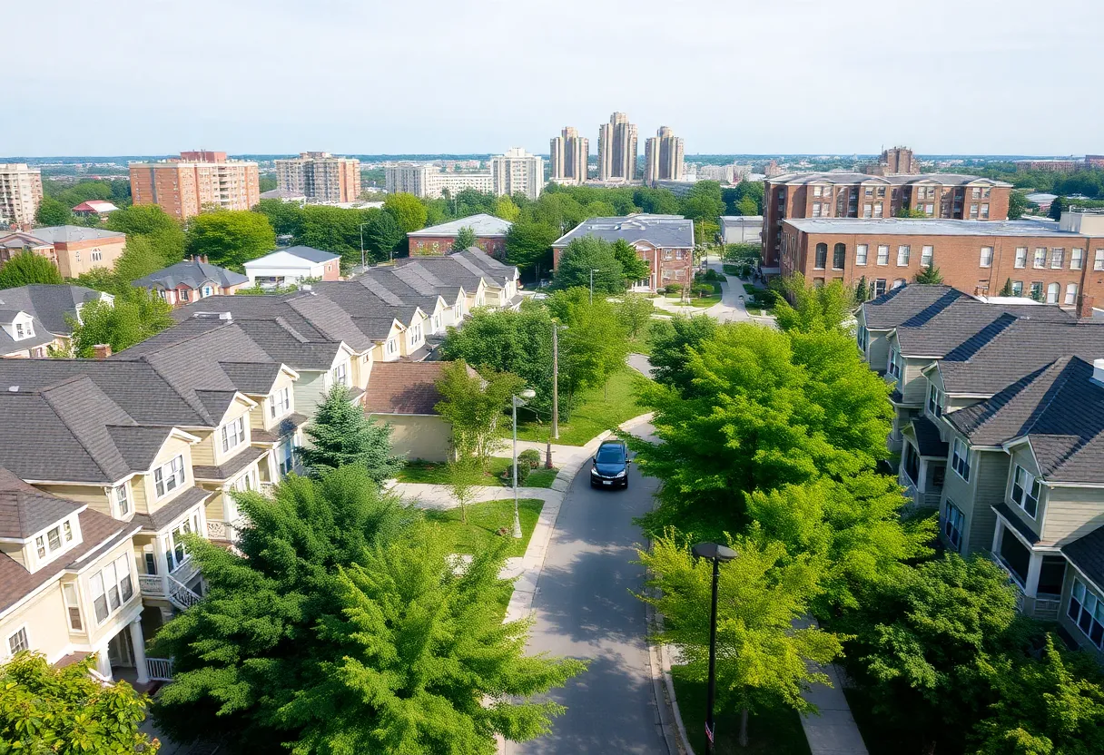 A cityscape view of Royal Oak, Michigan with multifamily housing and green spaces.