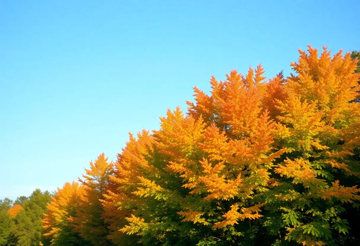 Beautiful fall scenery in Southeast Michigan with vibrant leaves and clear sky