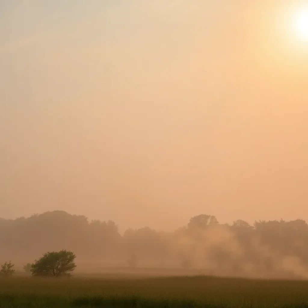 Hazy summer landscape in Southeast Michigan with heat indicators