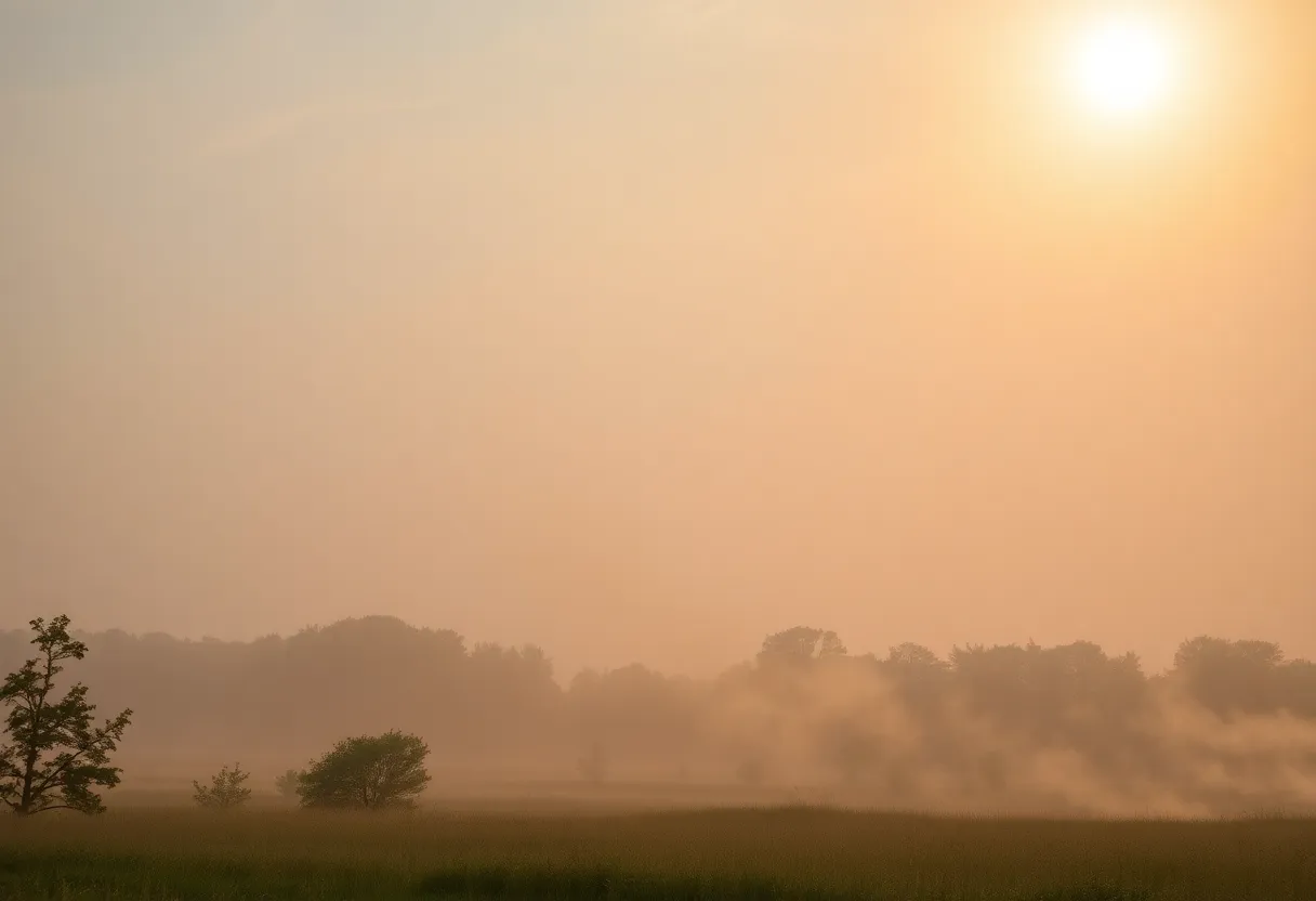Hazy summer landscape in Southeast Michigan with heat indicators