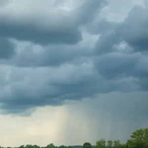 Dark thunderclouds and rain over a Southeast Michigan landscape