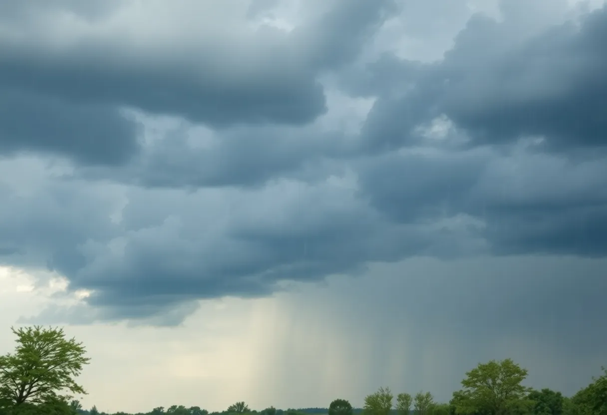 Dark thunderclouds and rain over a Southeast Michigan landscape