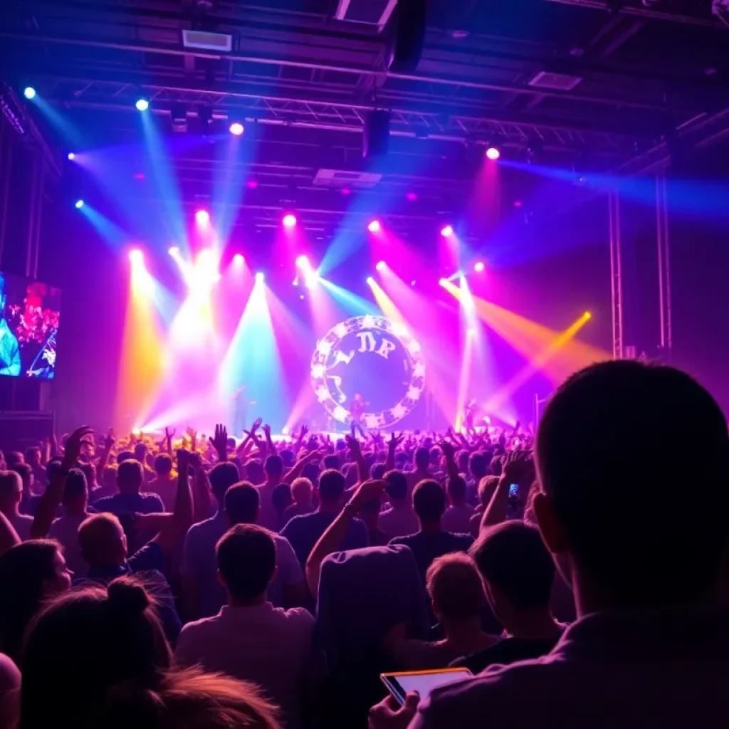 Energetic crowd at a concert with stage lights