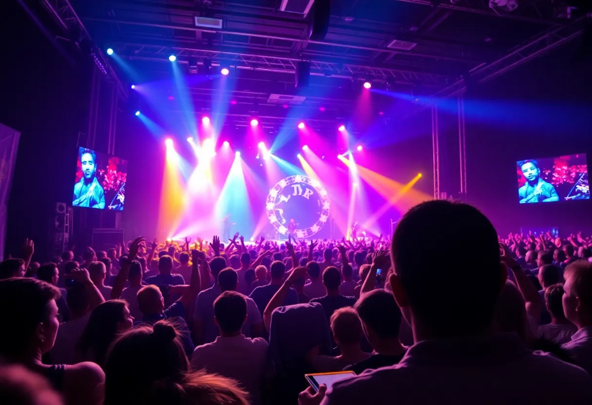 Energetic crowd at a concert with stage lights