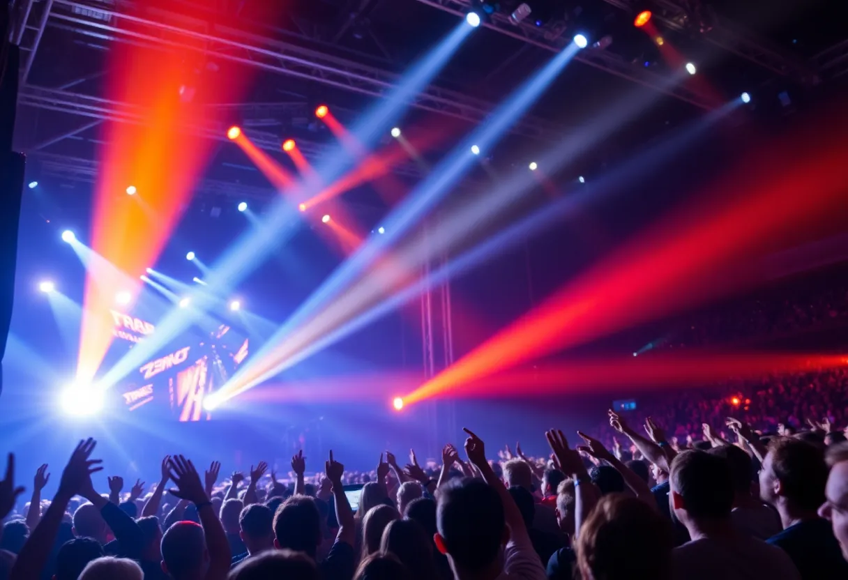 An illustration of a concert stage with lights and audience excitement.