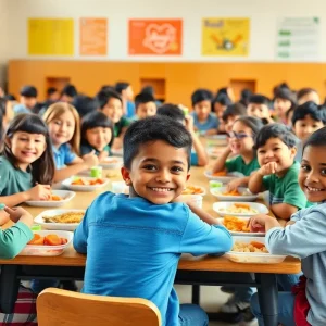 Diverse students sharing a meal in a school cafeteria